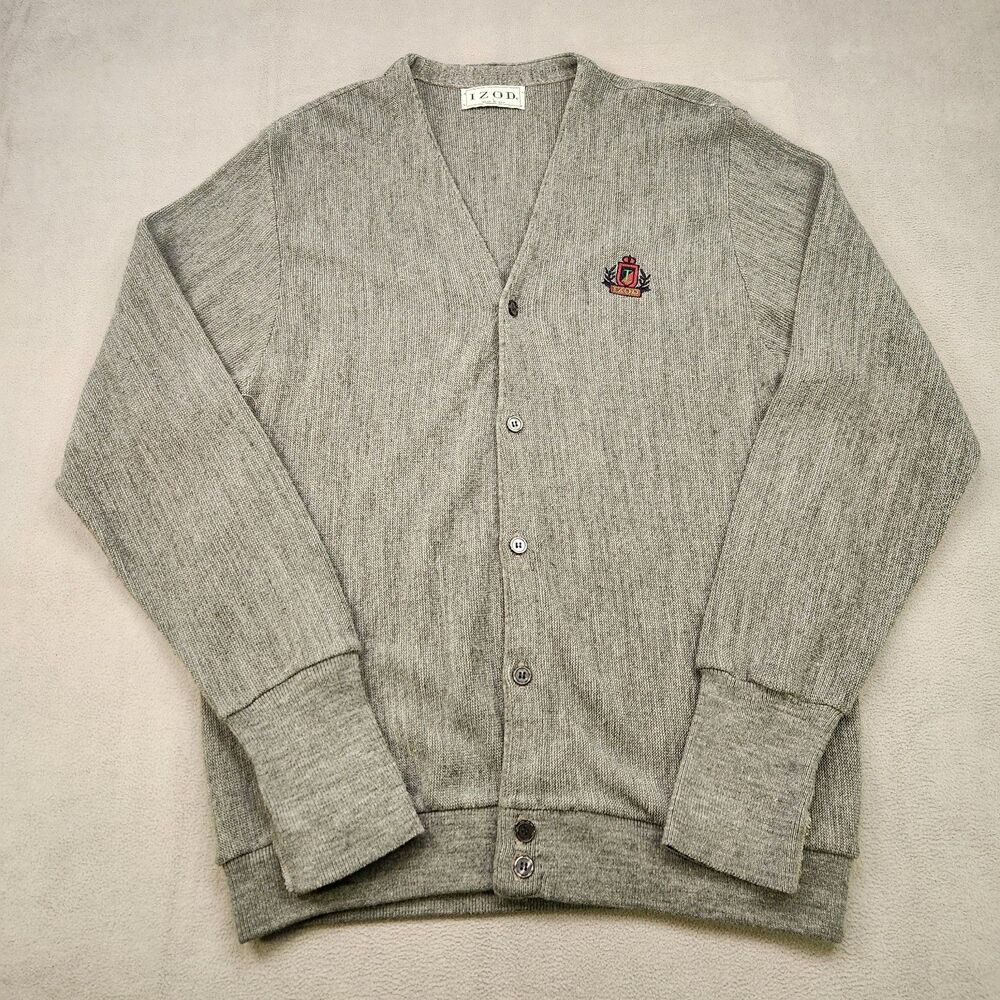 Vintage Izod Cardigan Sweater Men L Gray Knit Grandpa Button Up 80's Made In USA